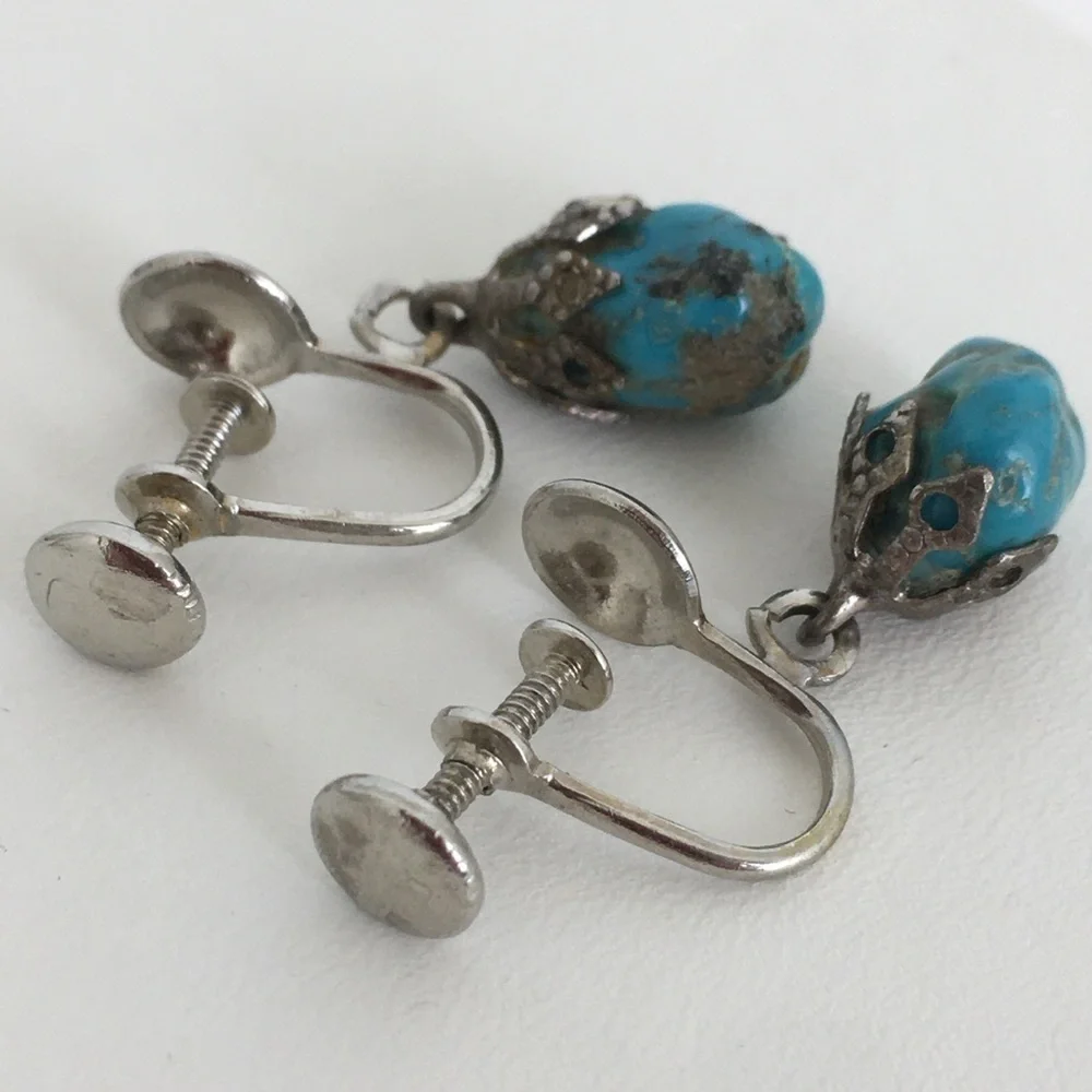 Vintage Screw Back Blue Moon Turquoise Dangle Earrings Silver Tone Filigree
